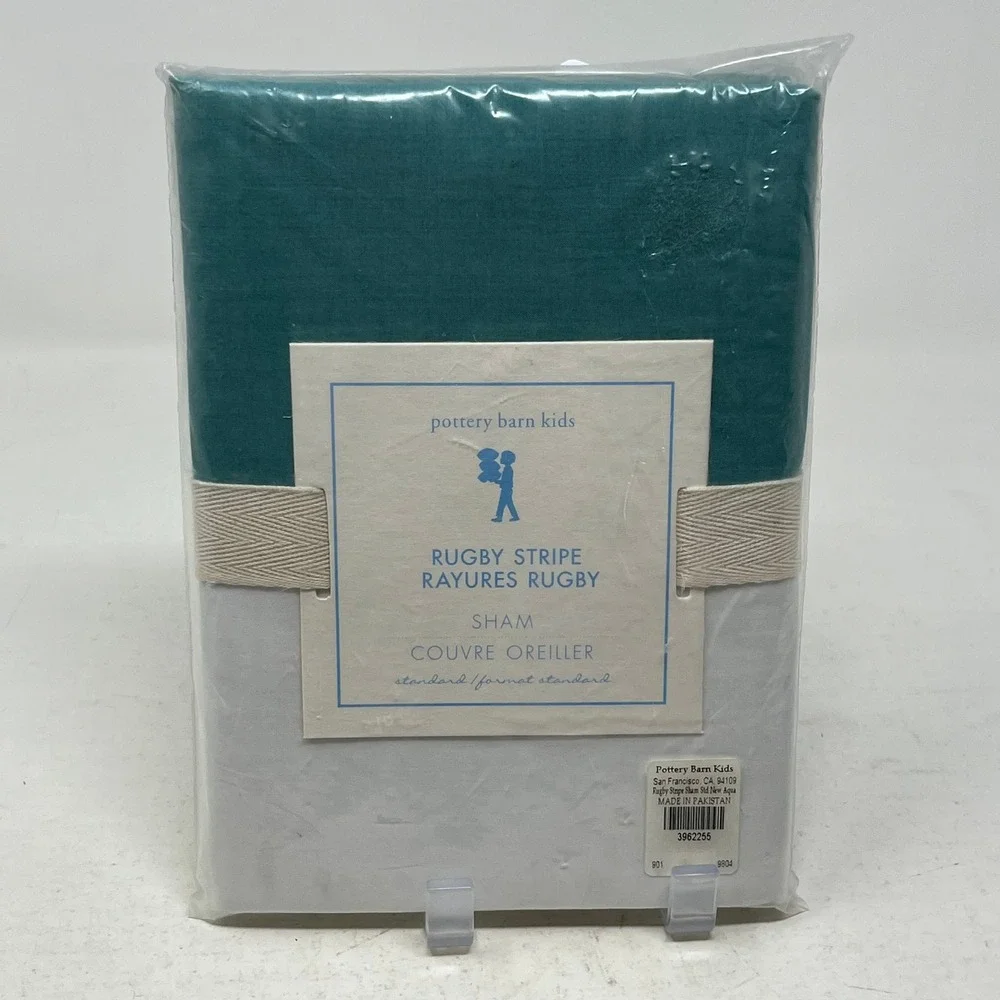 Pottery Barn Kids Rugby Stripe Standard Sham New Aqua Blue White Rayures
